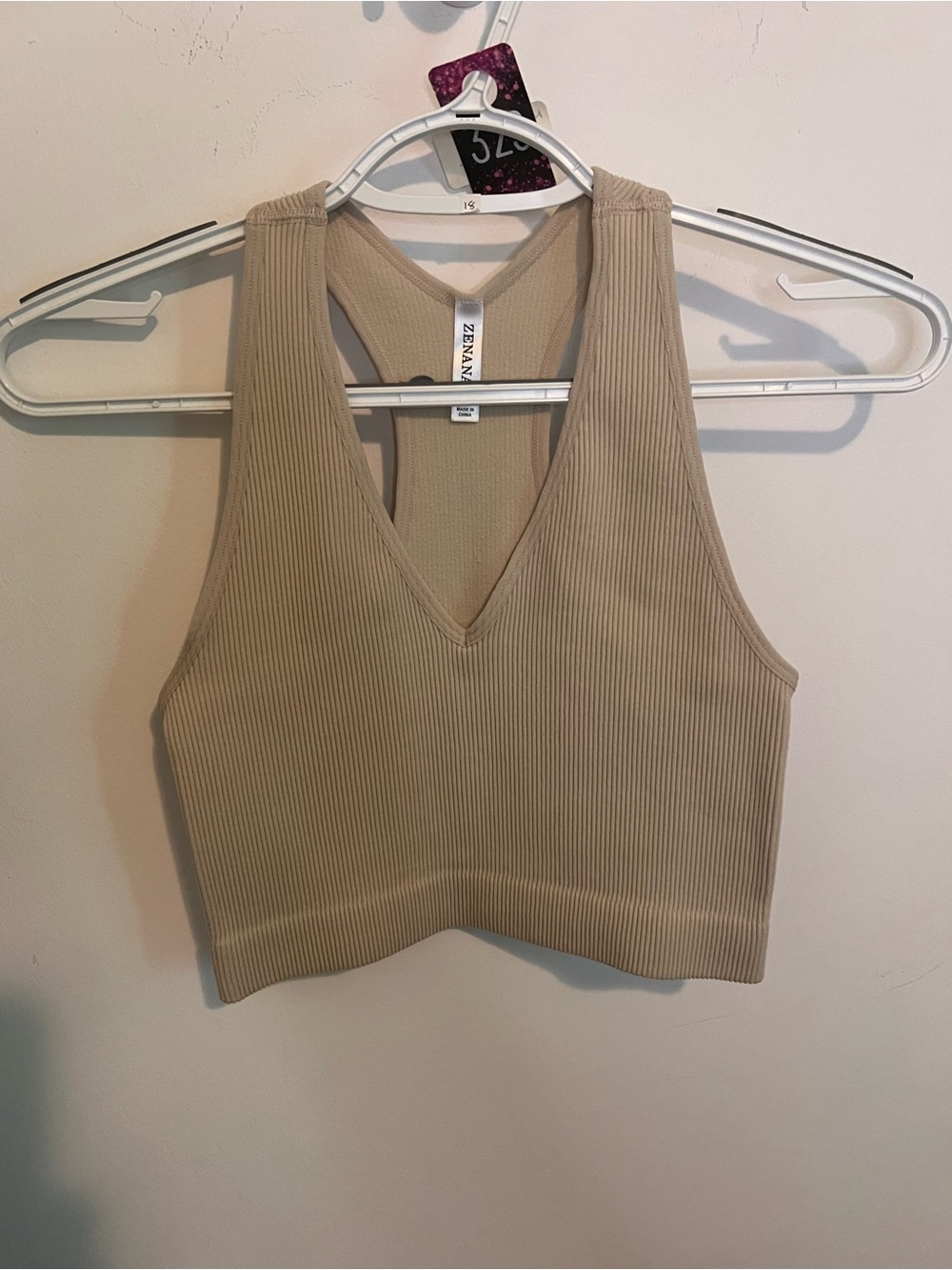 Zenana Outfitters Ribbed V-Neck Crop Tank Top - Tan